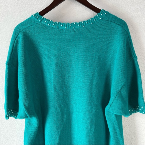 Vintage Sweater XL Lucia Cardigan Teal Green Knit Embroidered Floral Scalloped - Picture 11 of 16